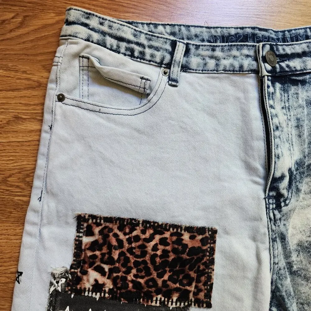 Rue 21 Supreme Flex Acid Wash Distressed Denim Patchwork Shorts Mens Size 38 New